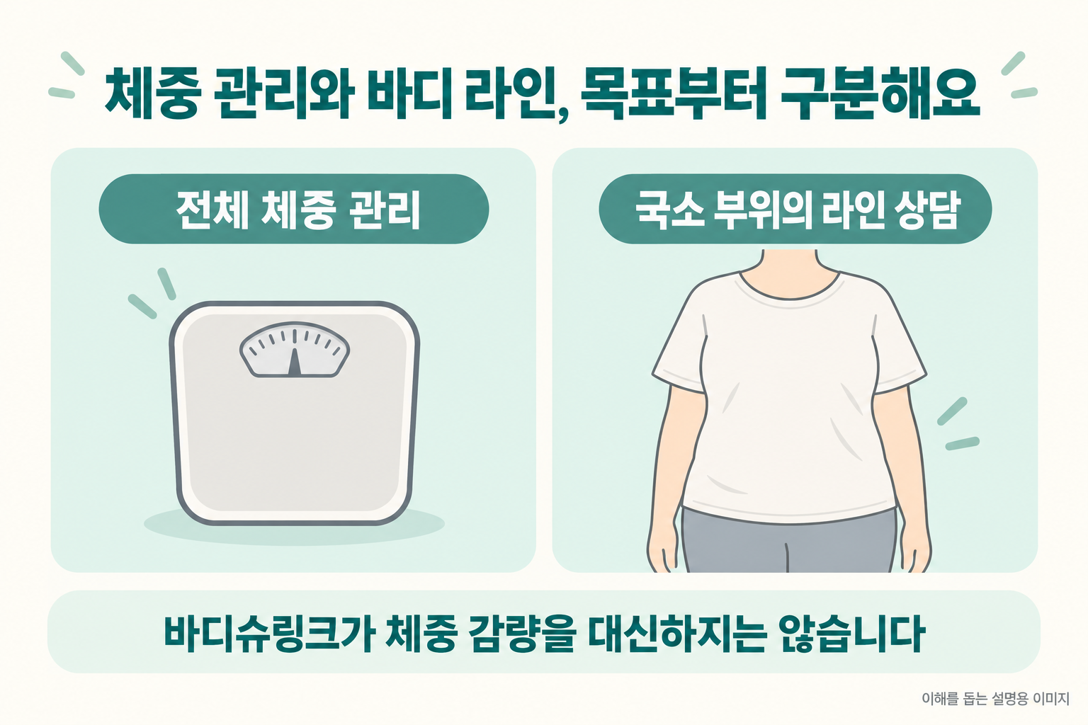 체중계를 이용한 전체 체중 관리와 특정 부위의 바디 라인 상담을 나누어 설명하는 그림