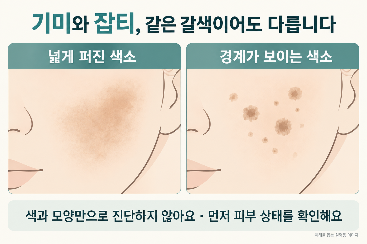 넓게 퍼진 색소와 경계가 보이는 색소를 비교하며 진료로 구분해야 함을 설명하는 그림