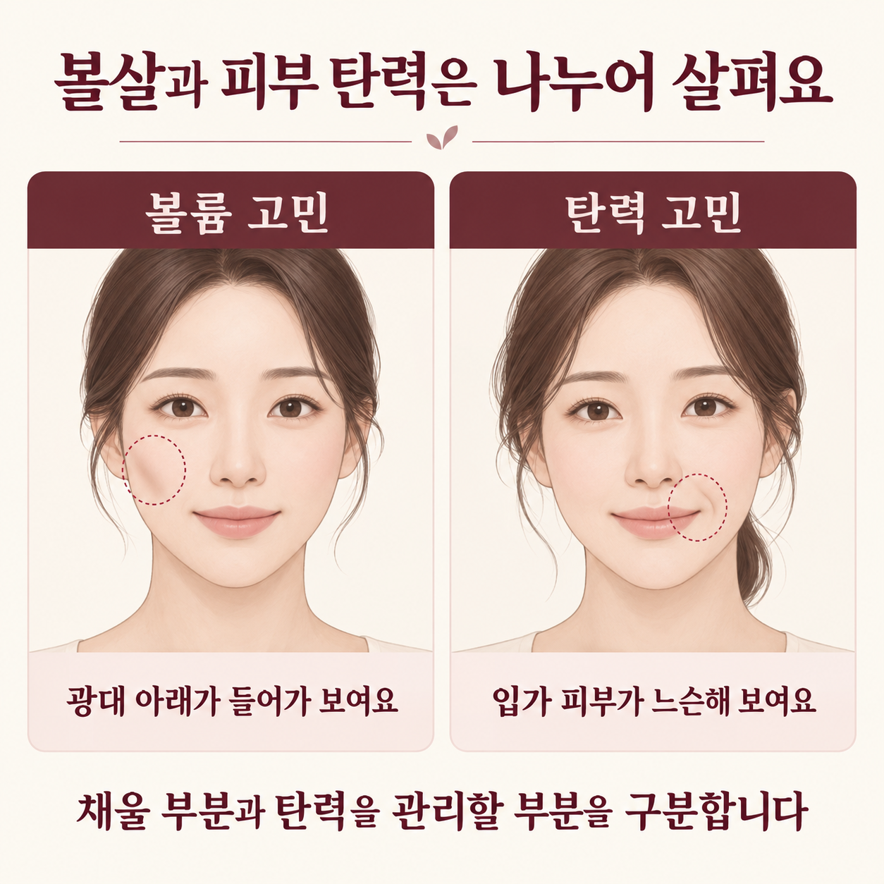 볼륨 고민과 피부 탄력 고민을 구분하는 얼굴 일러스트