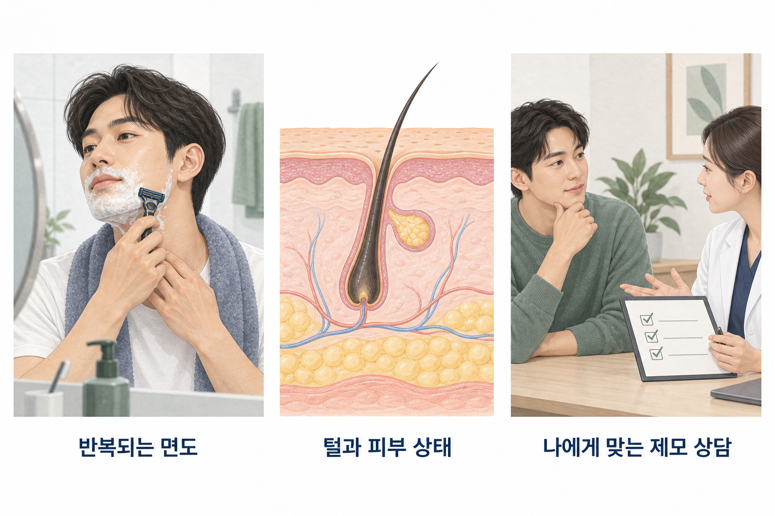 반복되는 면도, 털과 피부 상태 확인, 나에게 맞는 제모 상담을 설명하는 세 장면의 일러스트