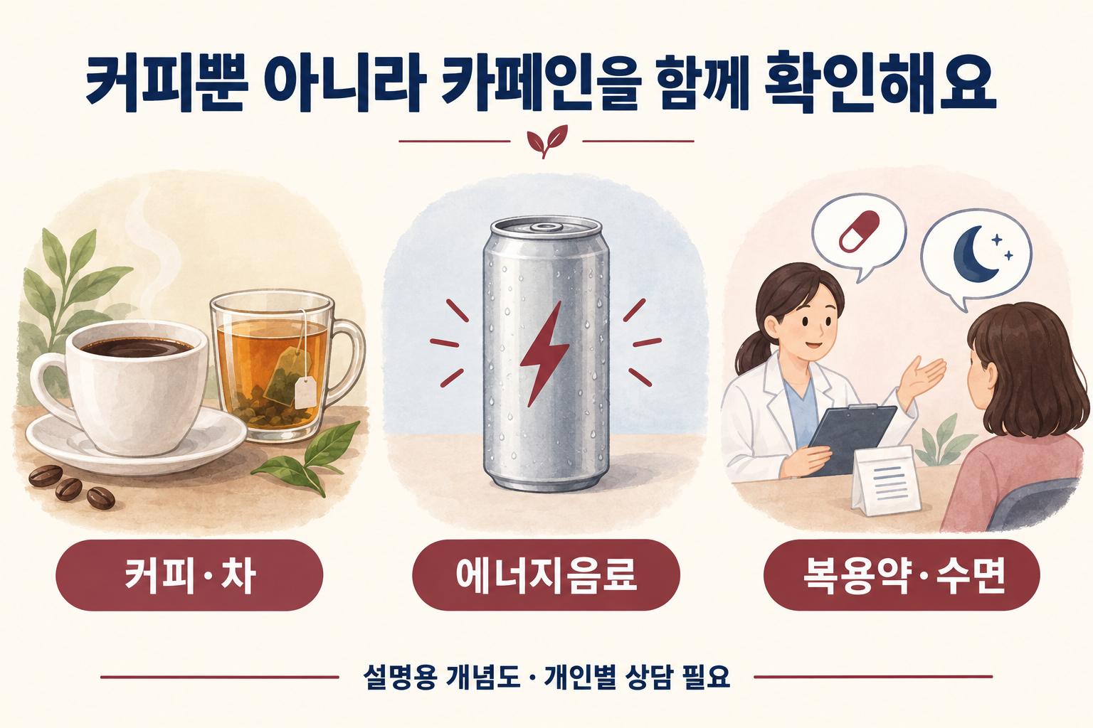 커피와 차, 에너지음료, 복용약과 수면을 함께 확인하는 카페인 상담 그림
