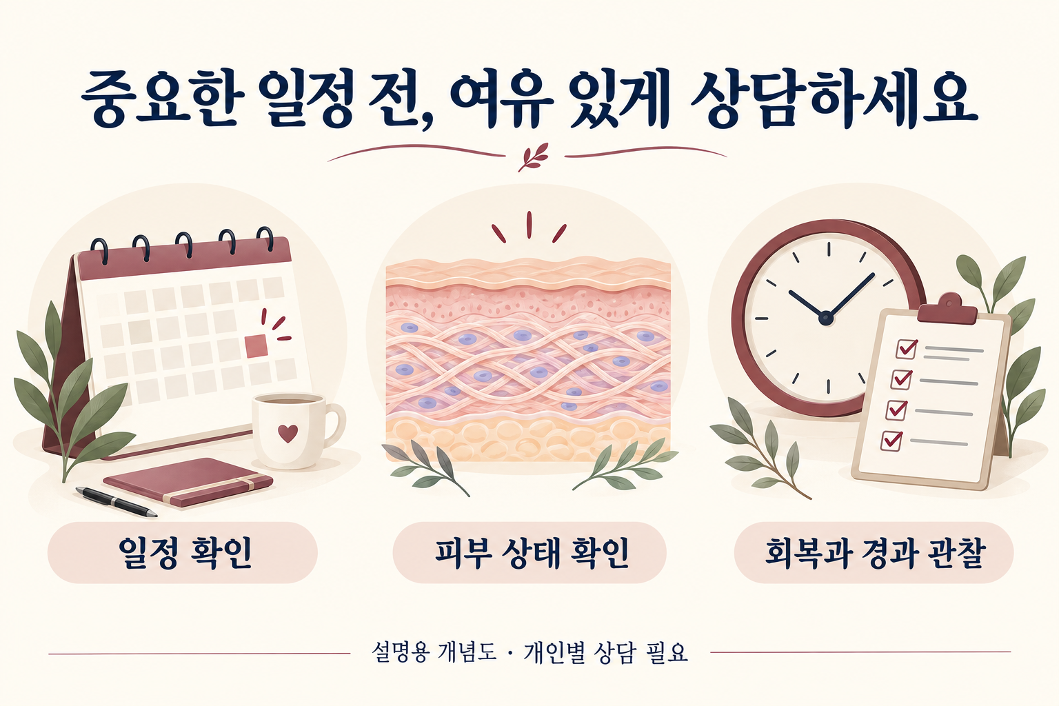 중요한 일정과 피부 상태를 확인하고 올리지오 후 회복과 경과를 관찰하는 순서