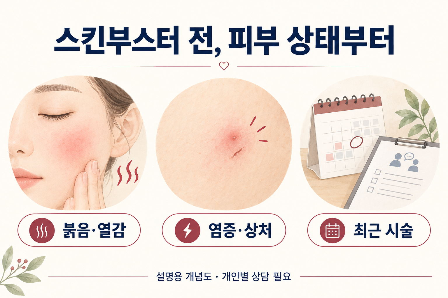PN MTS 상담 전에 붉음과 열감, 염증과 상처, 최근 시술을 확인하는 설명 그림