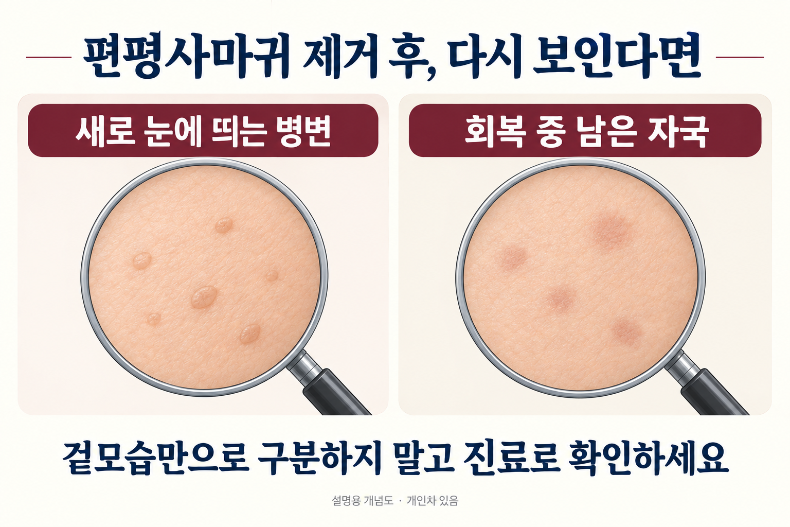 편평사마귀 제거 후 새로 보이는 병변과 회복 중 남은 자국은 진료로 구분해야 함을 보여주는 설명 그림